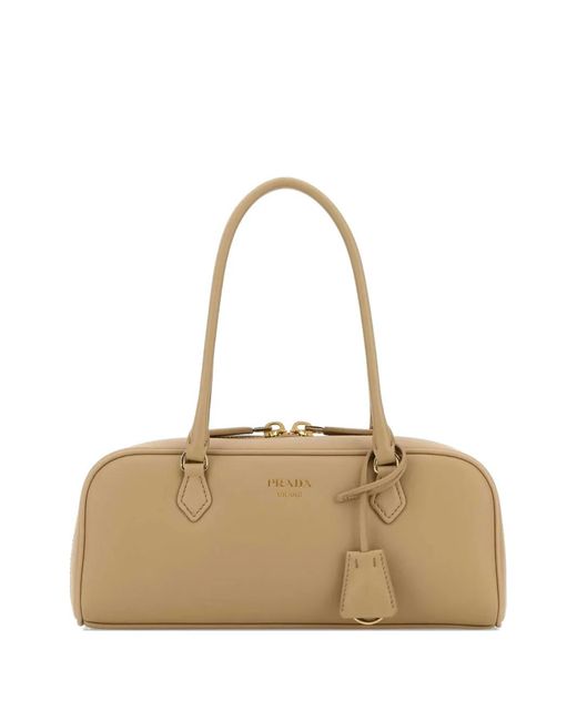 Prada Natural Medium Logo-Print Leather Tote Bag