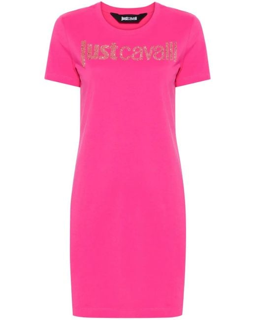 Just Cavalli Pink Logo-Embellished Cotton Shirt Dress