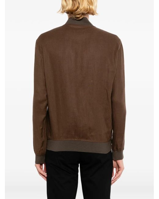 Kiton Brown Linen Ribbed-Trim Zip Jacket for men