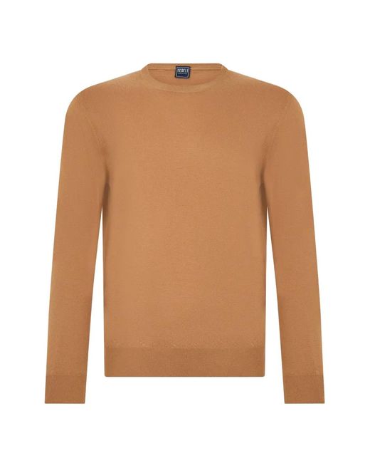 Fedeli Brown Crew-Neck Cashmere Sweater for men