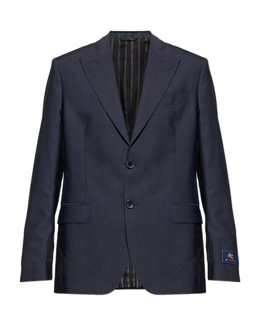 Etro Blue Single-Breasted Wool Blazer for men
