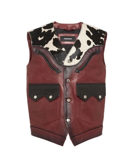 DSquared² Red Cow-Print Front-Pocket Leather Gilet for men