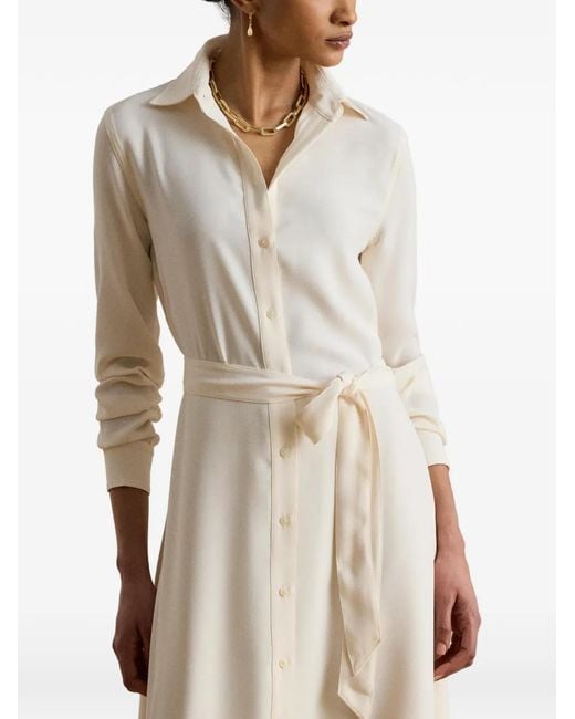 Ralph Lauren White Belted Double-Faced Georgette Midi Shirt Dress
