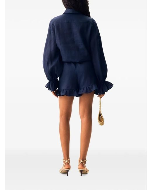 Sleeper Blue Ruffle-Trim Linen Shorts