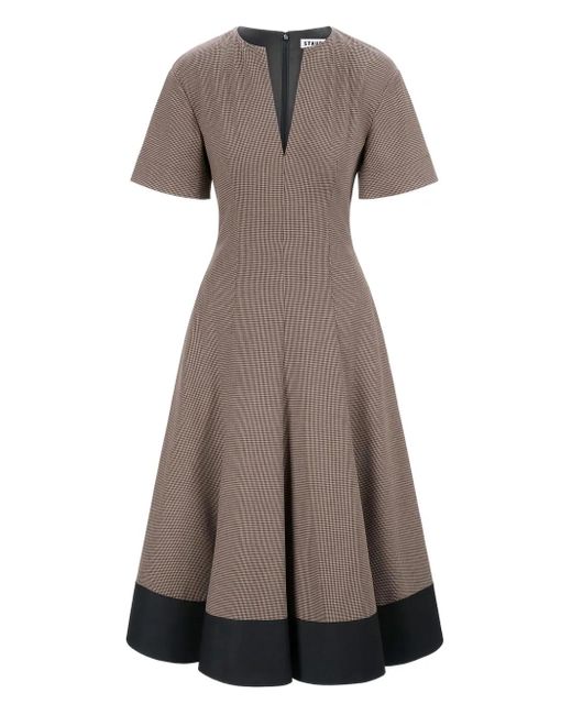 Staud Natural Houndstooth-neck V-neck midi dress
