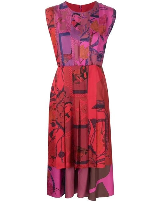 Ferragamo Red Patterned Silk Midi Dress