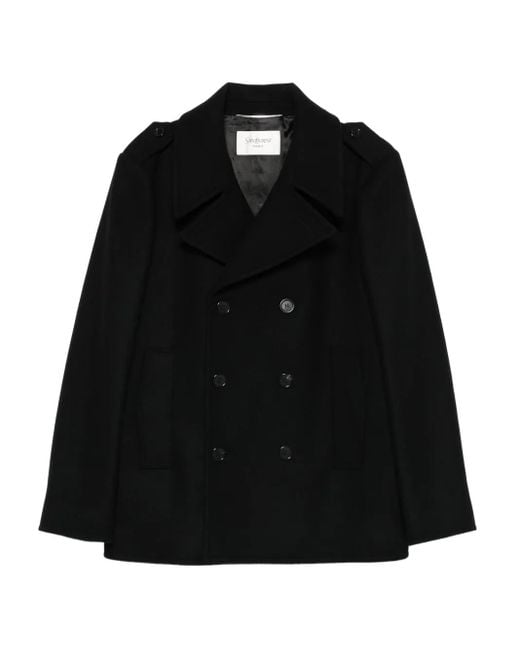 Saint Laurent Black Double-Breasted Cupro Coat for men