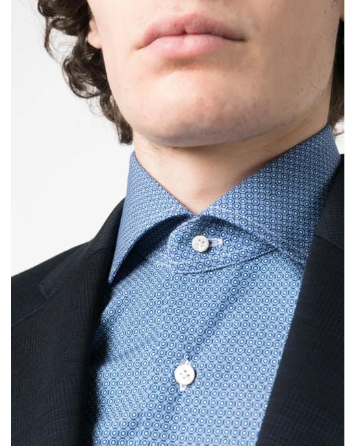 Barba Napoli Blue Geometric-Pattern Cotton Shirt for men
