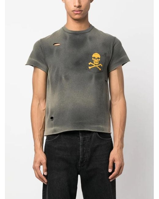 GALLERY DEPT. Gray Skull And Crossbones-Print Distressed T-Shirt for men