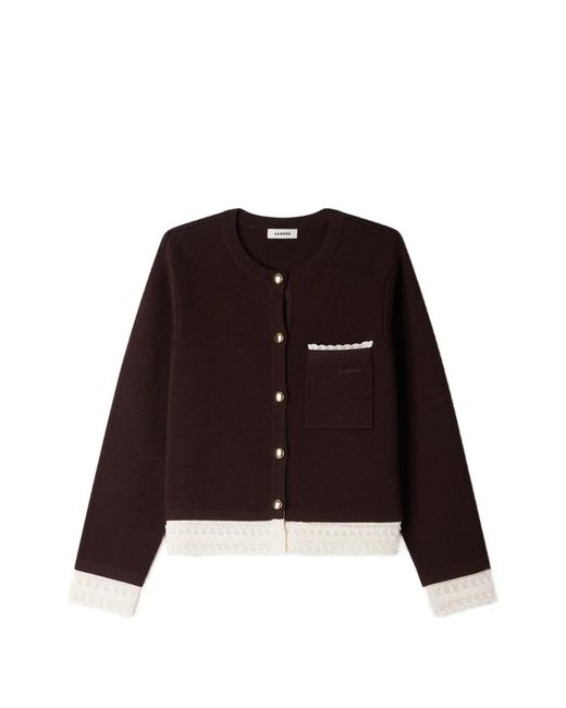 Sandro Brown Embroidered-Trim Patch-Pocket Cardigan