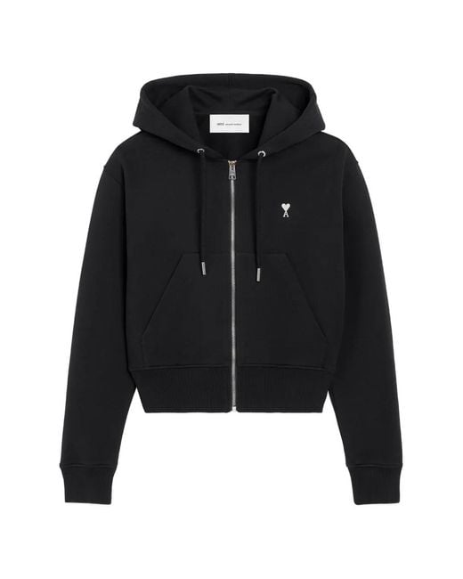 AMI Black Zipped Cotton Hoodie With Ami De Coeur