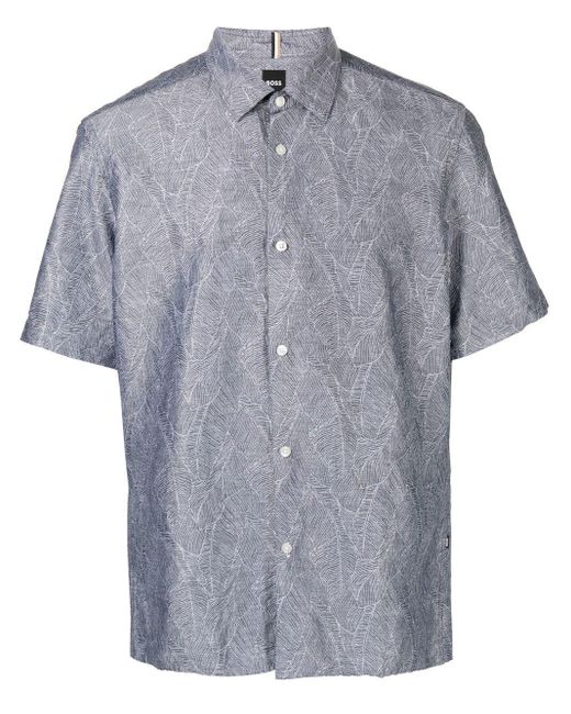 BOSS by HUGO BOSS Cotton Leafjacquard Shortsleeve Shirt in Blue for