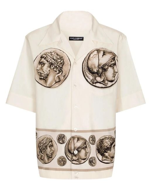 Dolce & Gabbana Natural Coin Print Poplin Hawaiian Shirt for men