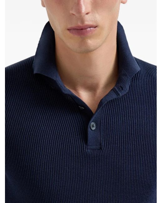 Brunello Cucinelli Blue Ribbed-Knit Polo Shirt for men