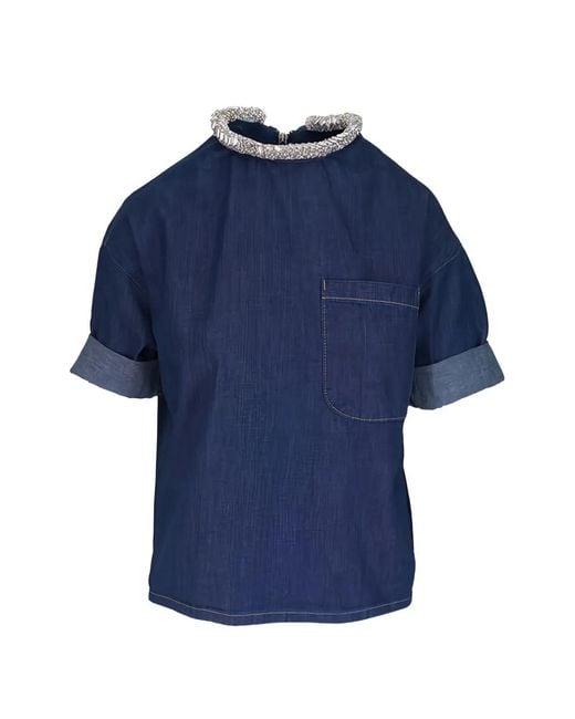 Twp Blue Ex T Pocket Collar-Embellished Blouse