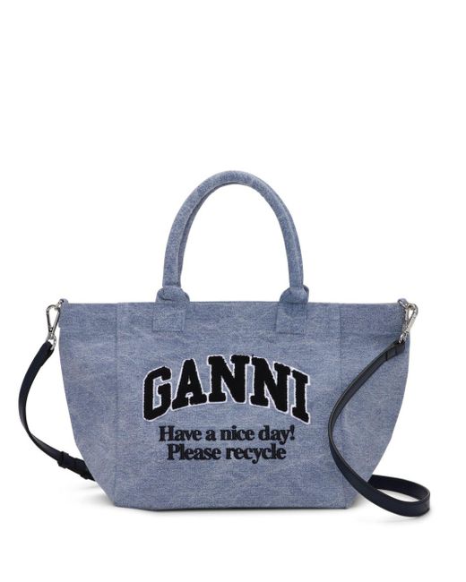 Ganni Blue Logo-embroidered Tote Bag