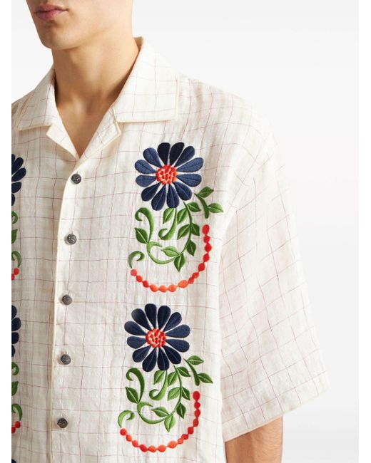 Etro White Floral-embroidered Check Shirt for men