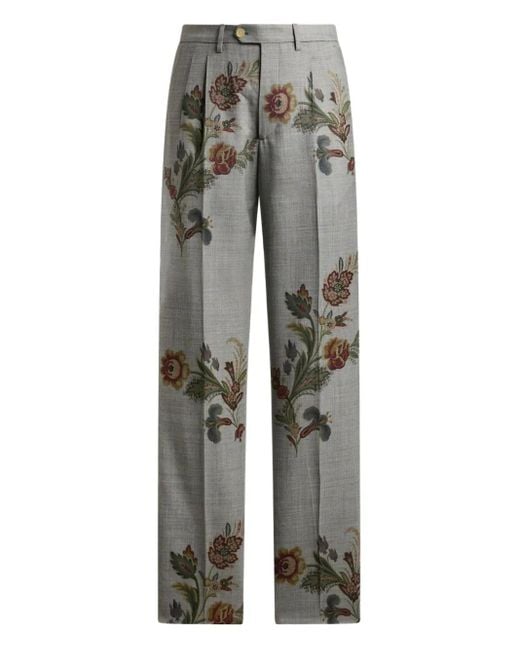Etro Gray Floral-Printed Pleated Trousers for men