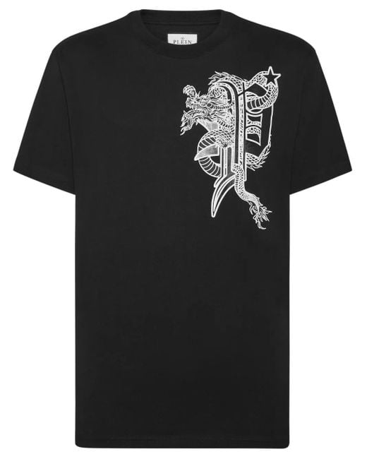 Philipp Plein Black T-Shirt Round Neck Ss Dragon for men