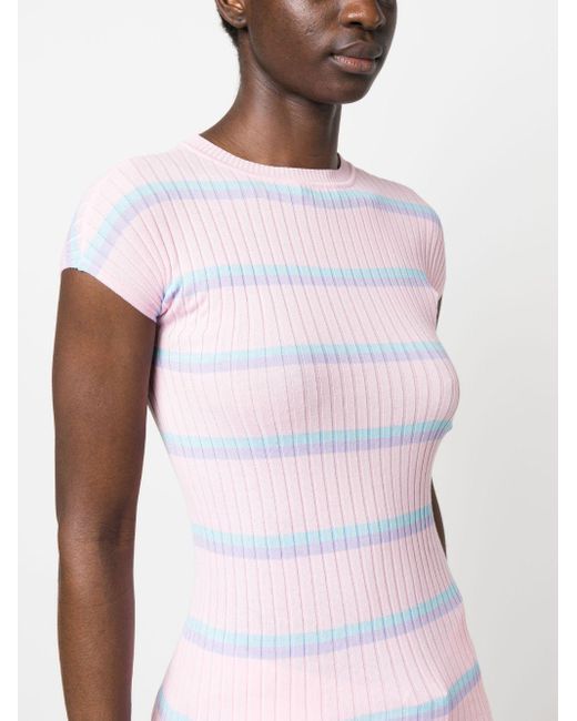 Sportmax Pink Striped Ribbed-knit Cotton T-shirt