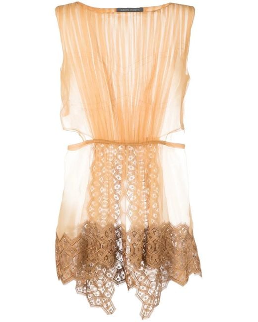 Alberta Ferretti White Lace-Trim Silk Tank Top
