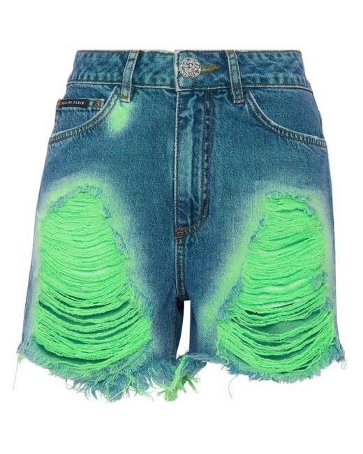 Philipp Plein Green Tie-dye Frayed Shorts