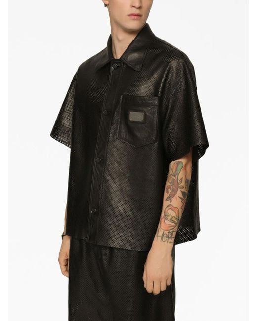 Dolce & Gabbana Black Logo-Plaque Leather Shirt for men