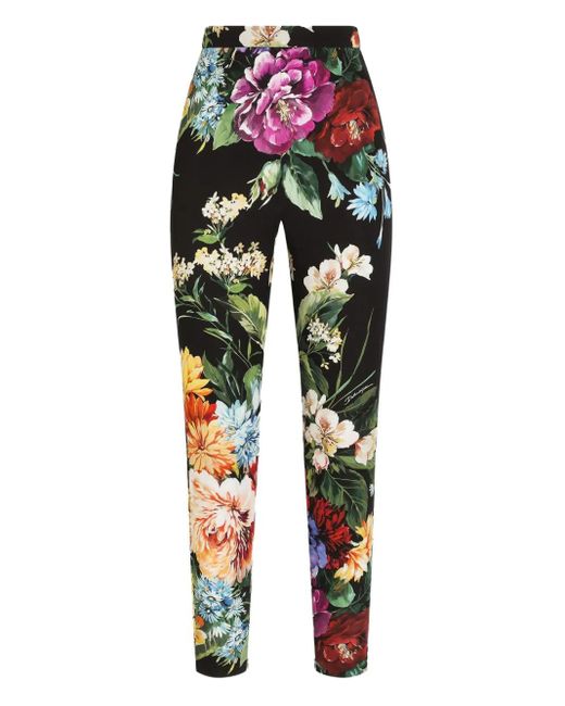 Dolce & Gabbana Black Flower Bouquet-Print Charmeuse Pants