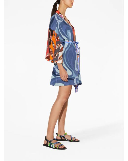 Emilio Pucci Blue Graphic-Print Silk Robe Minidress