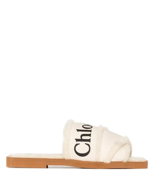 Chloé White Woody Logo-tape Flat Sandals