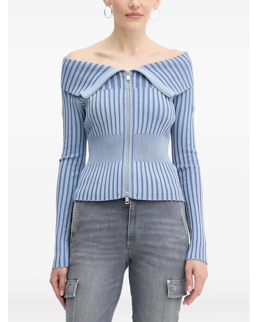 Guess Blue Striped Zip-Up Sweater