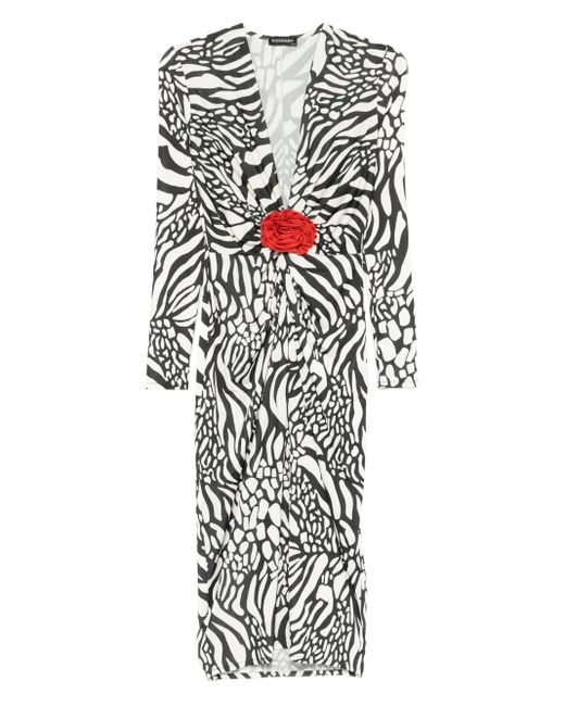 ROSERRY Malllorca Rose-Embellished Zebra-Print Midi Dress in White ...