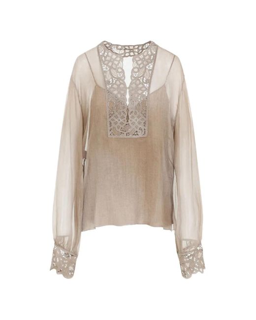 Ermanno Scervino Natural Lace-Panelled Semi-Sheer Blouse