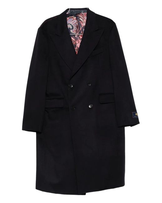 Etro Black Double-Breasted Paisley-Lined Coat for men