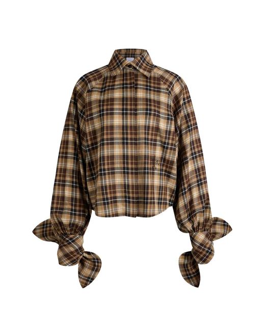 Patou Brown Bow-Sleeve Check Blouse