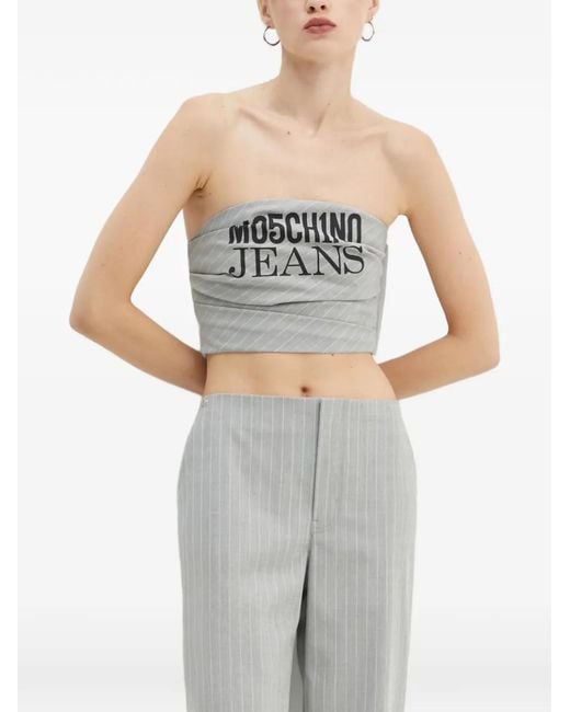 Moschino Gray Pinstripe-Pattern Logo-Print Bandeau Top