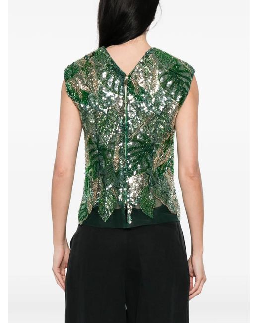 DE SANTIS Green Sequin Embellished V-Neck Top