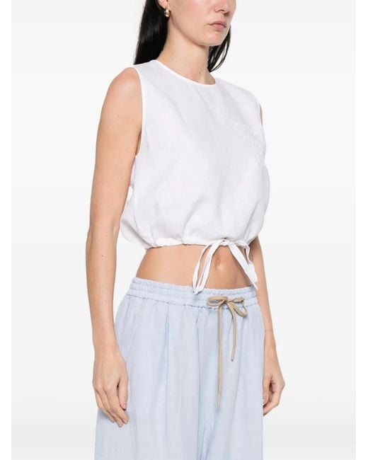Twinset White Linen Top With Embroidered Logo