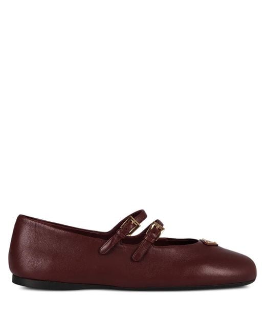 Prada Brown Double-Strap Satin Mary Jane Flats