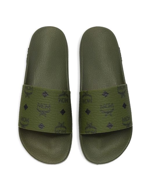 MCM Green Monogram-Print Slides for men