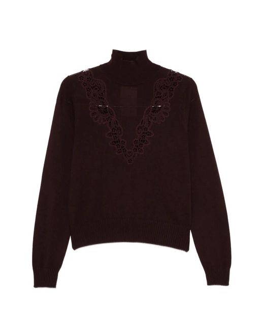 Zimmermann Brown Crochet-Trim High-Neck Sweater