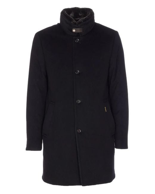 Moorer Blue Fur-Trimmed Buttoned Coat for men