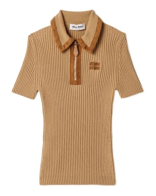 Miu Miu Natural Ribbed Trimmed Polo Sweater