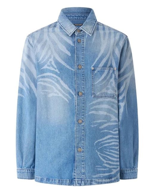 Roberto Cavalli Blue Animal-Print Denim Shirt for men