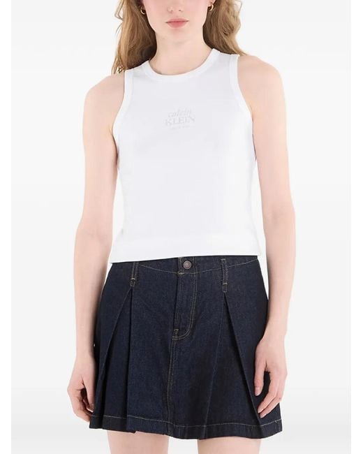 Calvin Klein White Logo-Print Ribbed Cotton Tank Top
