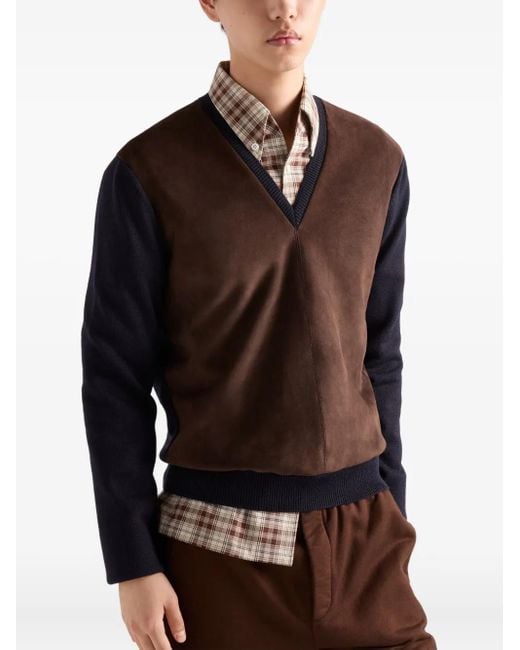 Prada Brown Superfine Wool And Suede Sweater for men