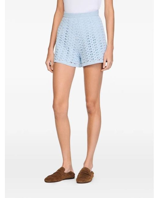 Sandro Blue High-Waisted Beaded Crochet Shorts