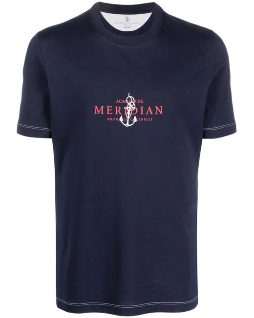 Brunello Cucinelli Blue Logo-print Cotton T-shirt for men
