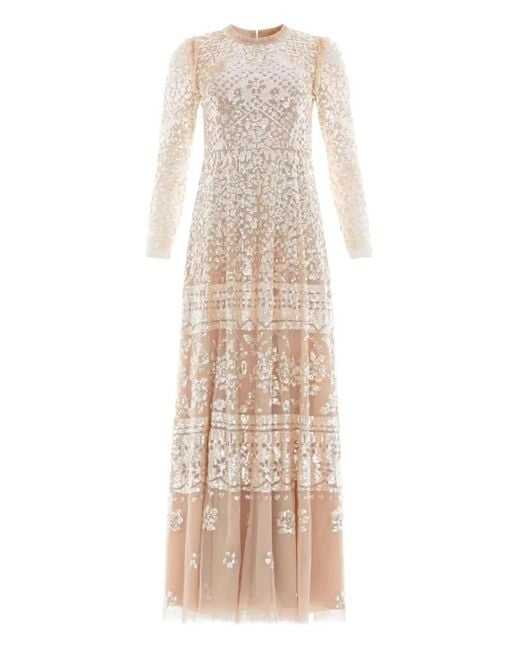Needle & Thread Natural Aurora Sequin-Embellished Tiered Gown