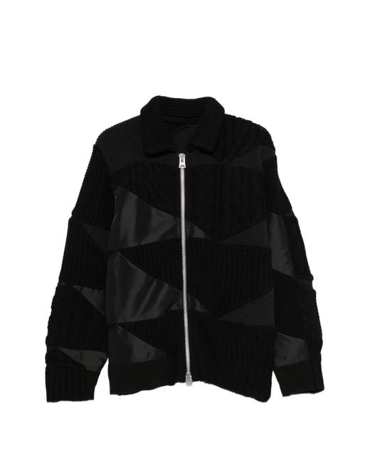 Sacai Black Patchwork Cable-Knit Cardigan for men